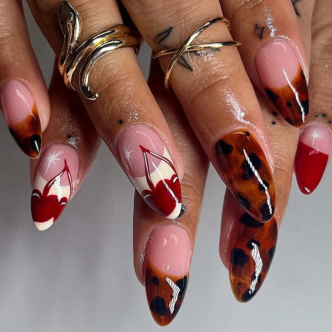 trendy fall almond nails 2026 Cherry French With Tortoiseshell Tips