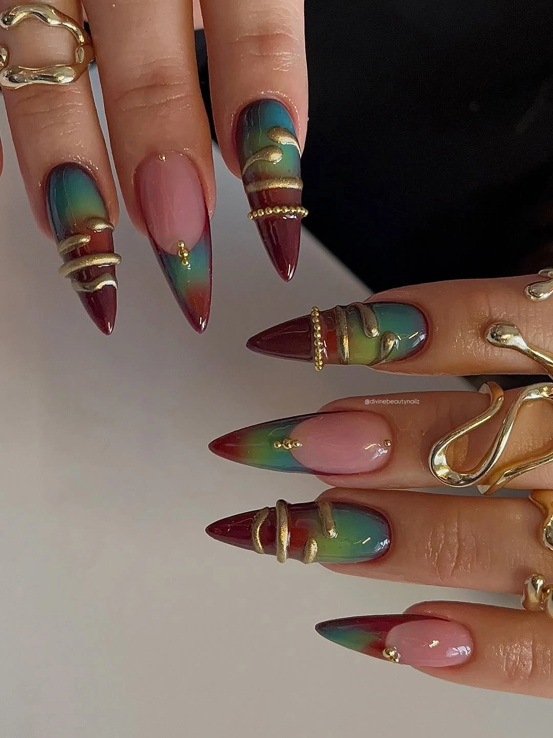 trendy fall almond nails 2026 Moody Aura Gradient With Gold Details