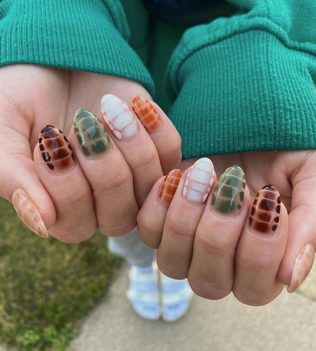 trendy fall almond nails 2026 Earthy Tortoiseshell And Sage Green Almond Nails