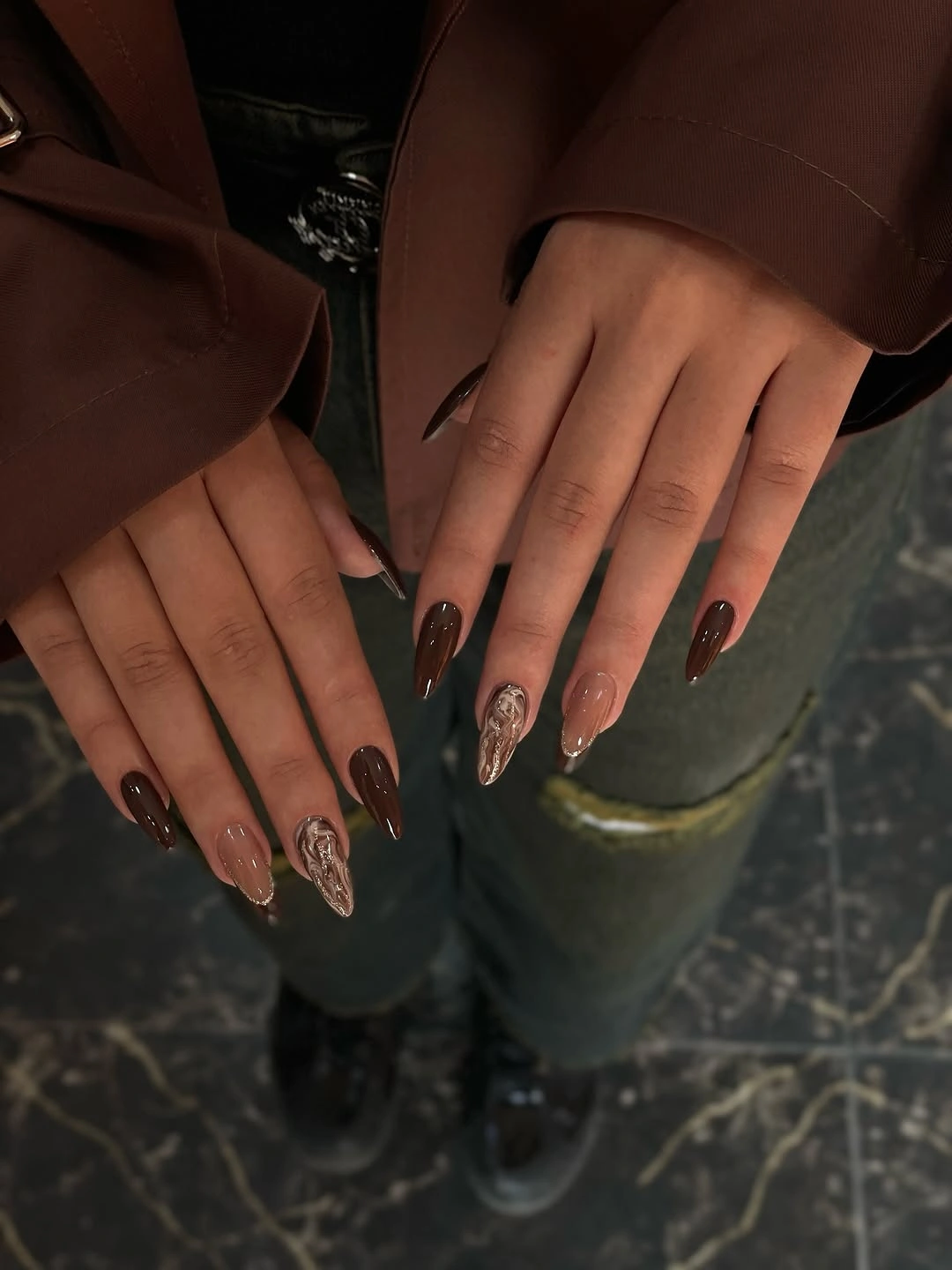 trendy fall almond nails 2026 Glossy Mocha Almond Nails With Metallic Accent Art