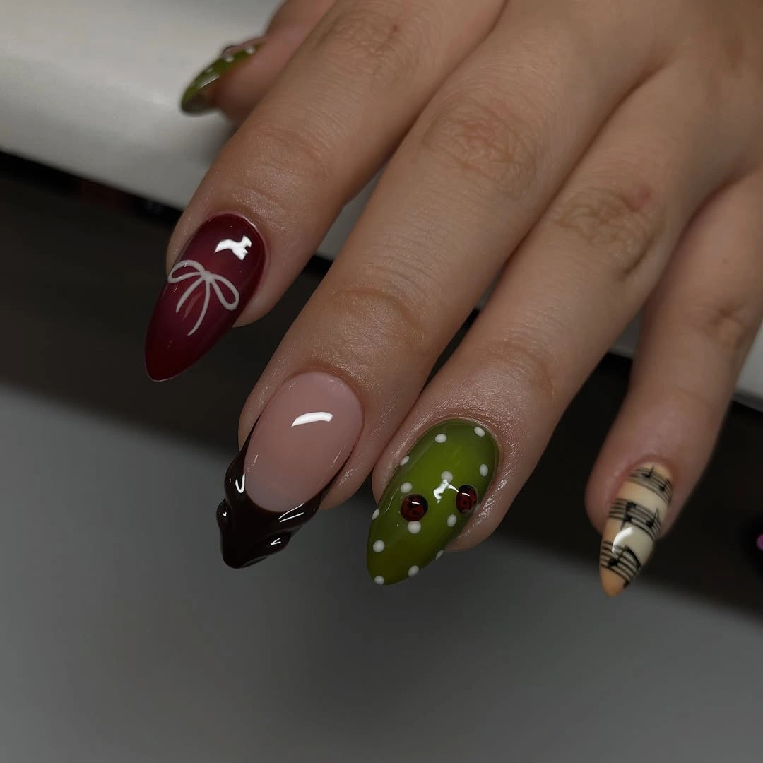 trendy fall almond nails 2026 Burgundy And Olive Autumn Mix
