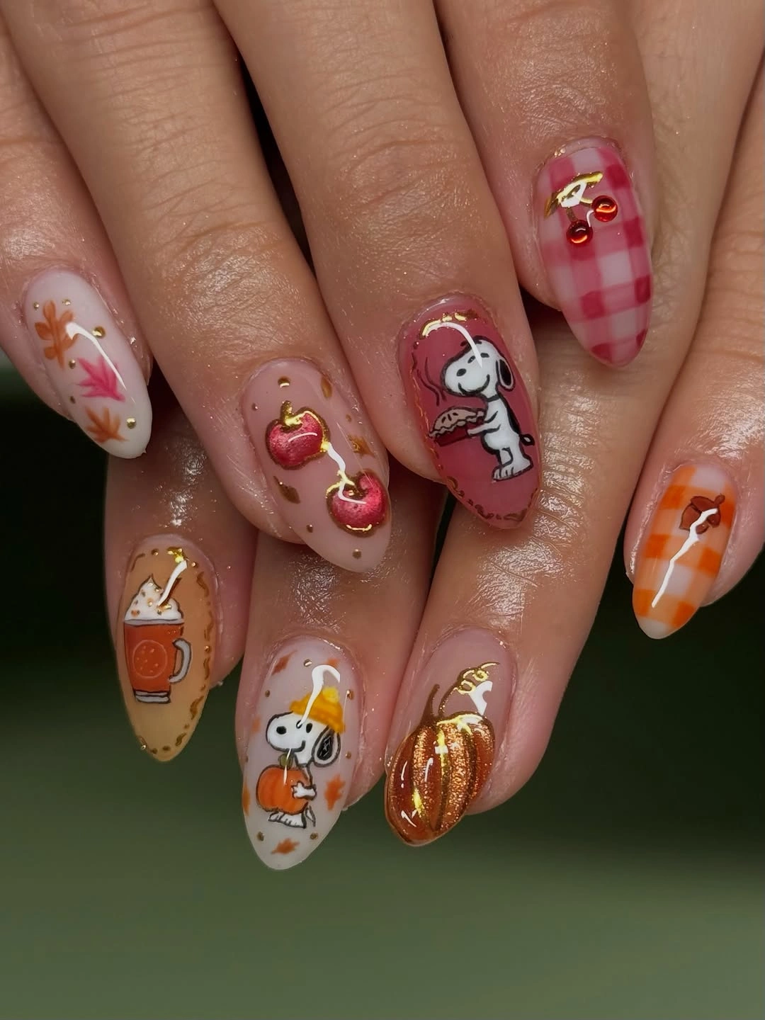 trendy fall almond nails 2026 Whimsical Autumn Snoopy Nail Art
