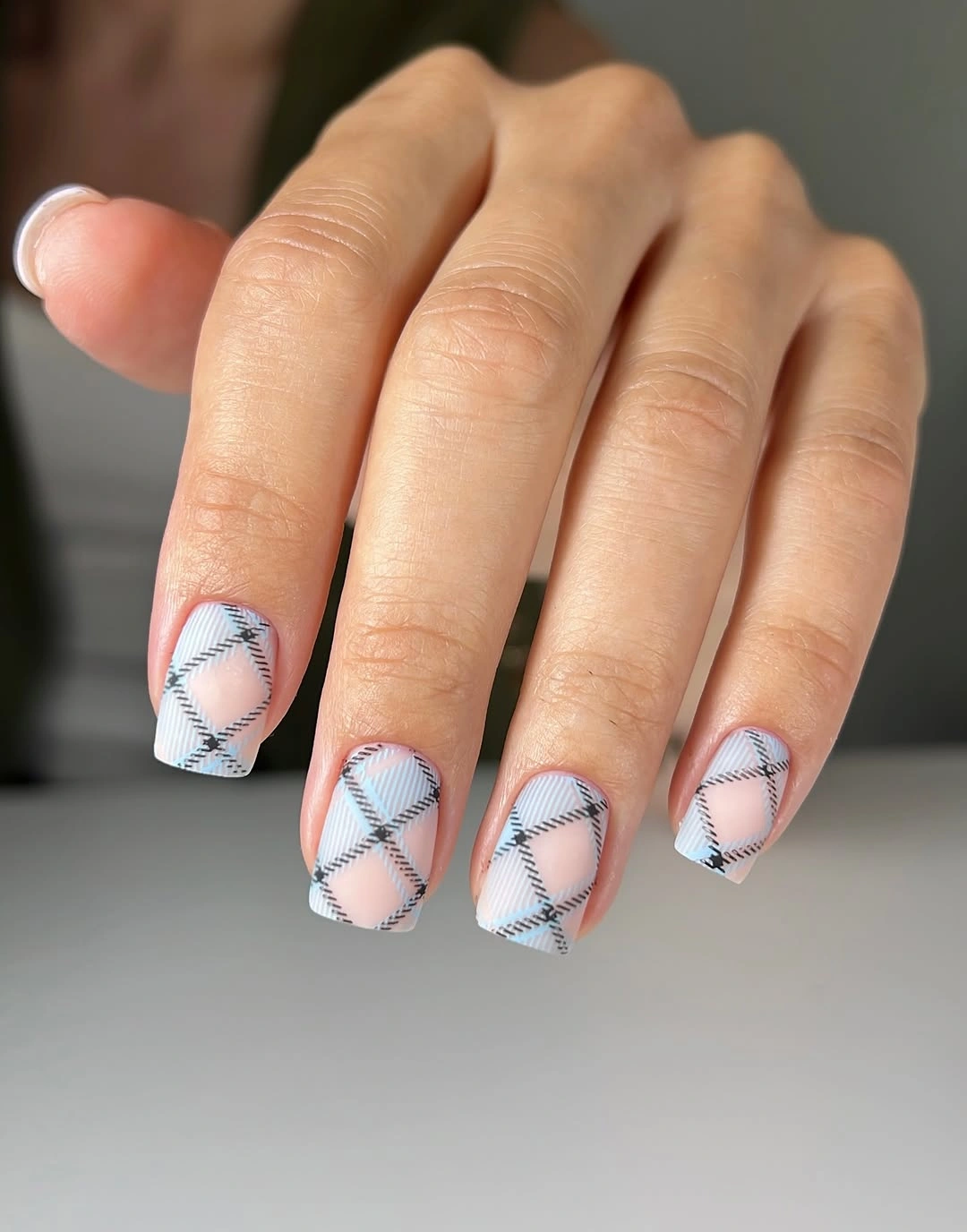 trendy fall short nails 2026 Soft Blue Plaid For Everyday Elegance