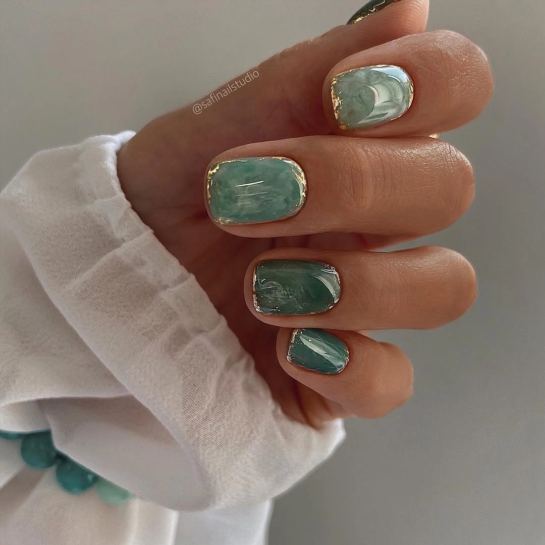 trendy fall short nails 2026 Green Marble Stone Nails