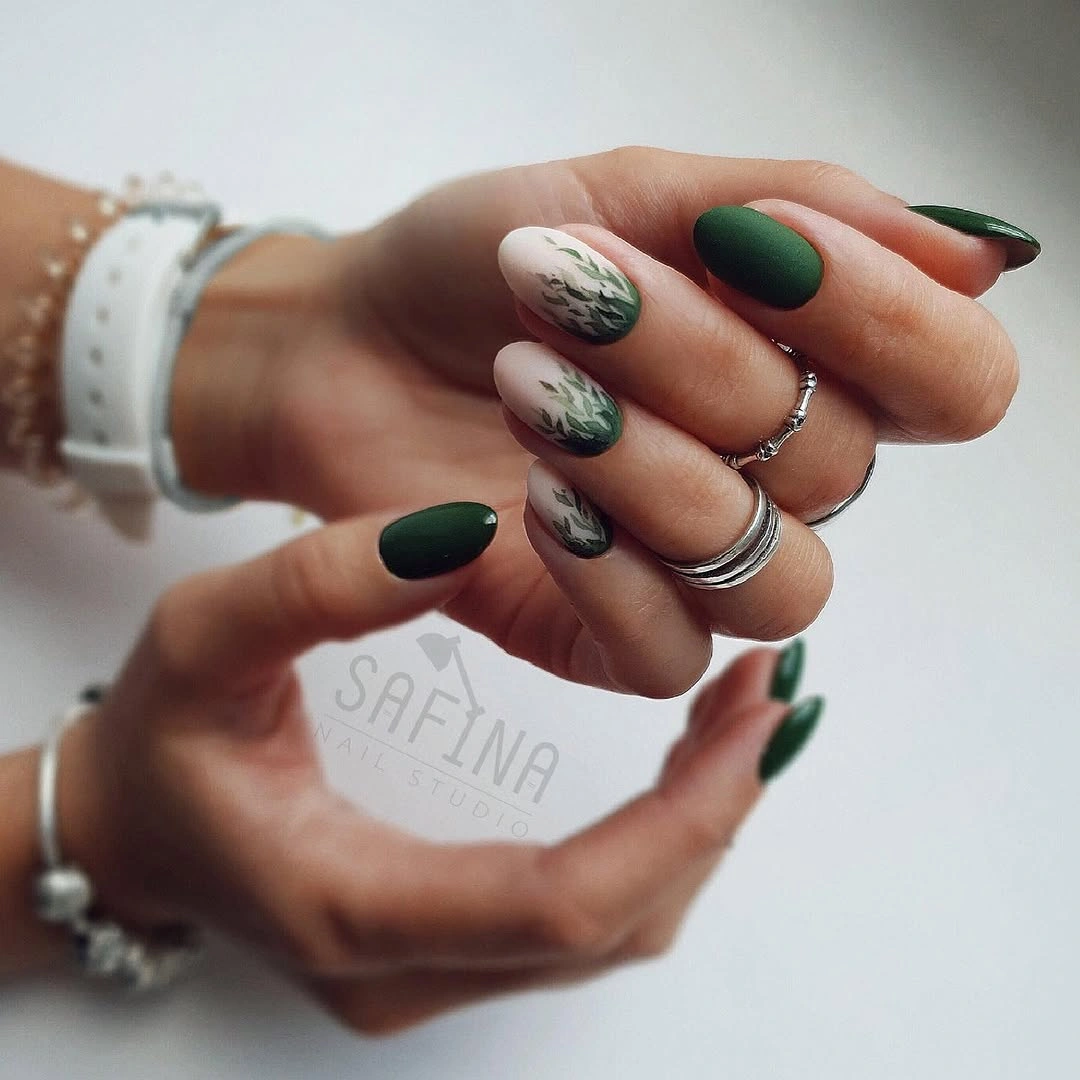 trendy fall short nails 2026 Forest Green Botanical Nail Art