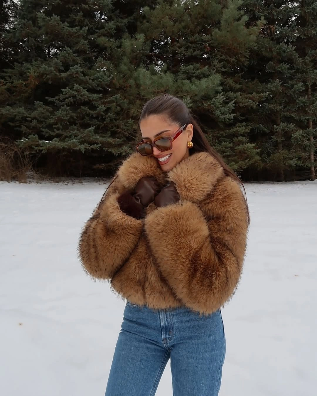 trendy faux fur jacket Warm Brown Winter Charm
