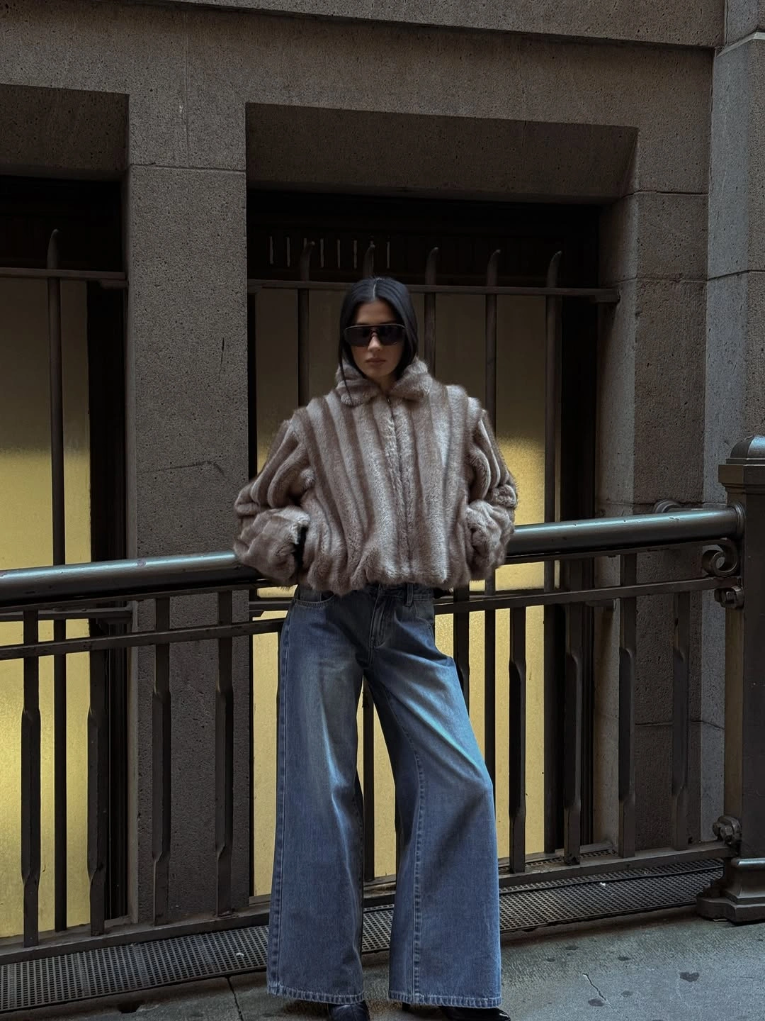 trendy faux fur jacket Soft Taupe Faux Fur with Relaxed Wide-Leg Denim