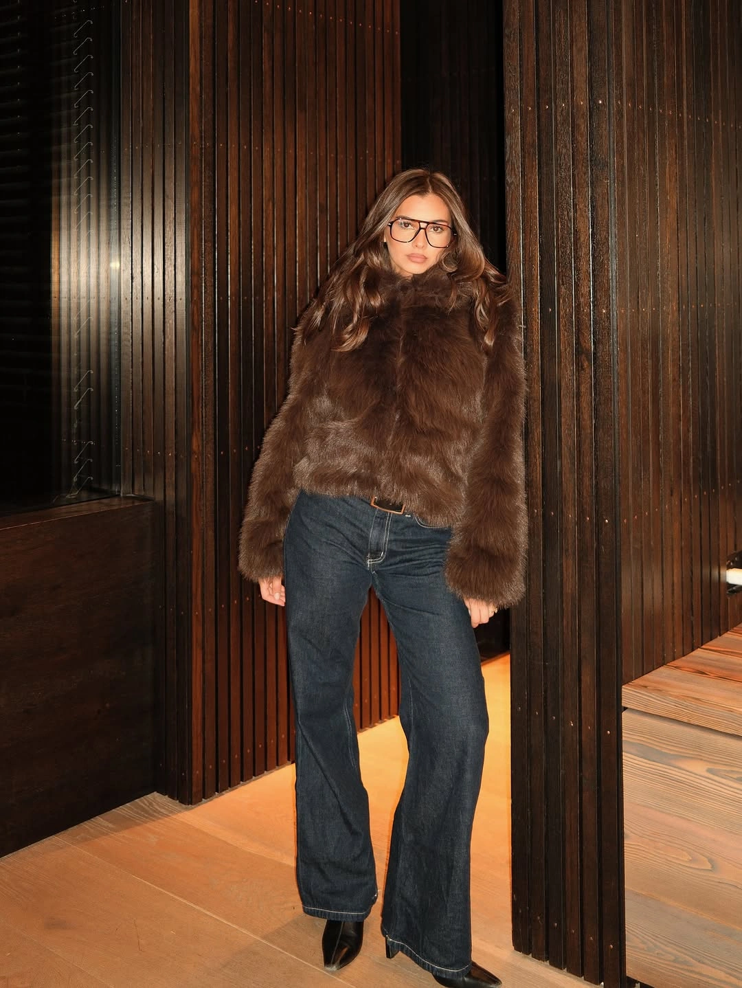 trendy faux fur jacket Rich Chocolate Faux Fur That Elevates Dark Denim