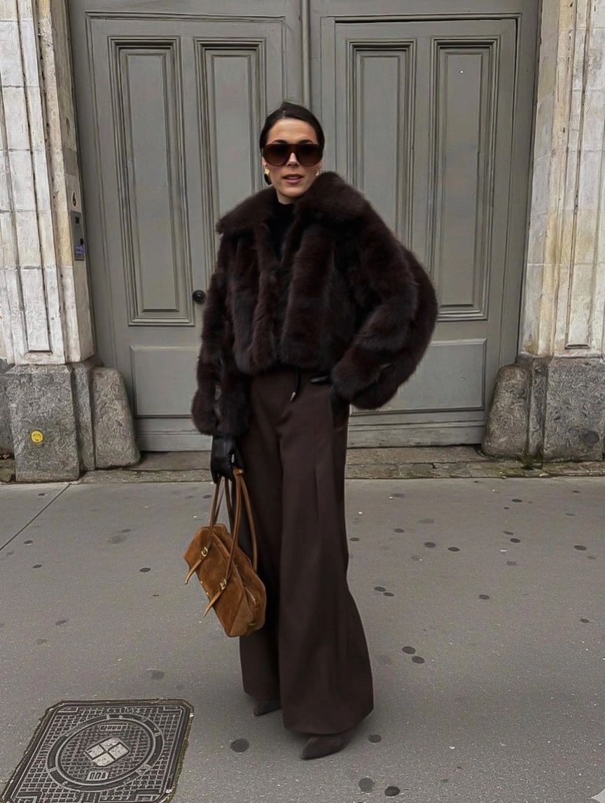 trendy faux fur jacket Dark Espresso Faux Fur with Elegant Monochrome Layers
