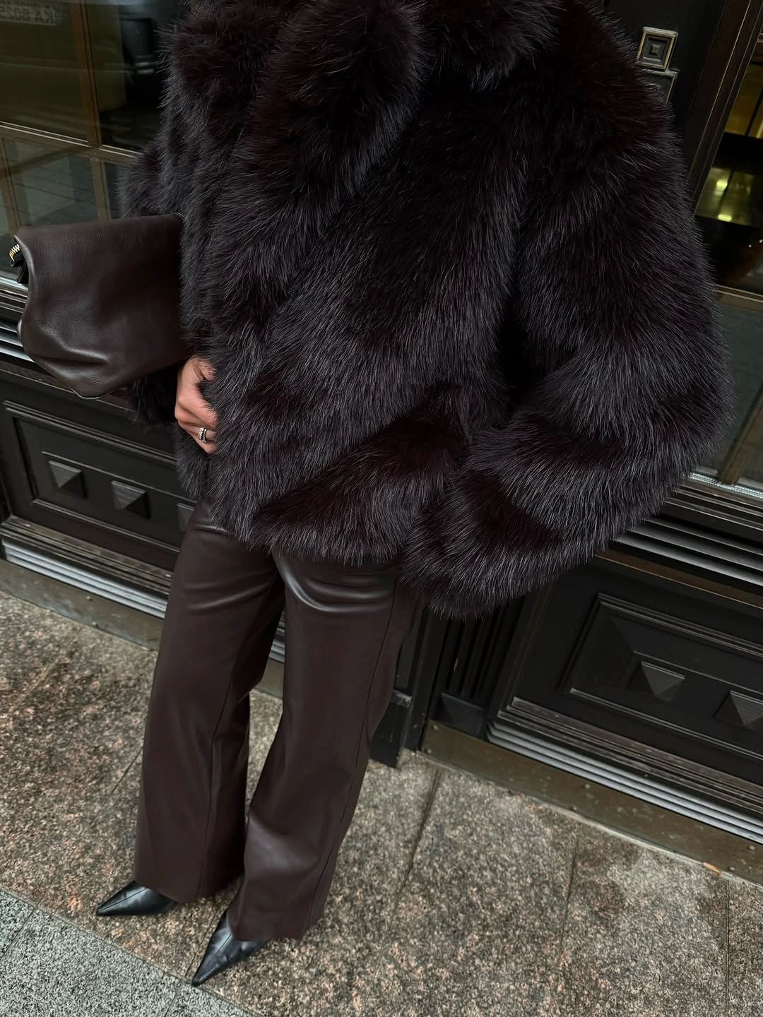 trendy faux fur jacket Deep Espresso Faux Fur with Chocolate Tailoring