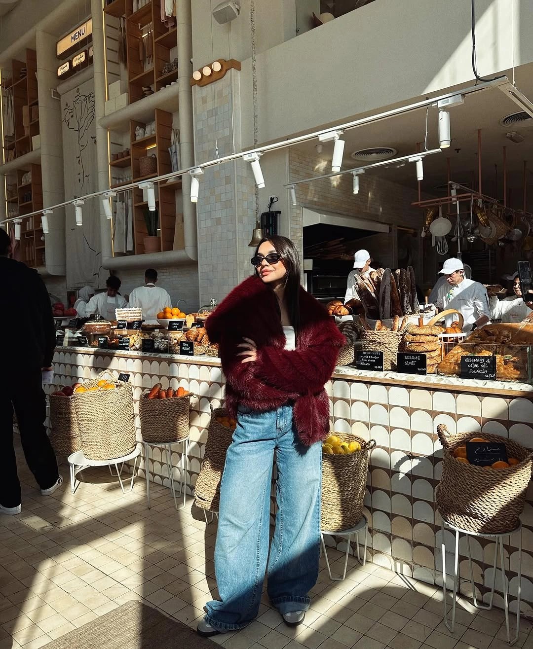 trendy faux fur jacket Burgundy Faux Fur with Relaxed Denim