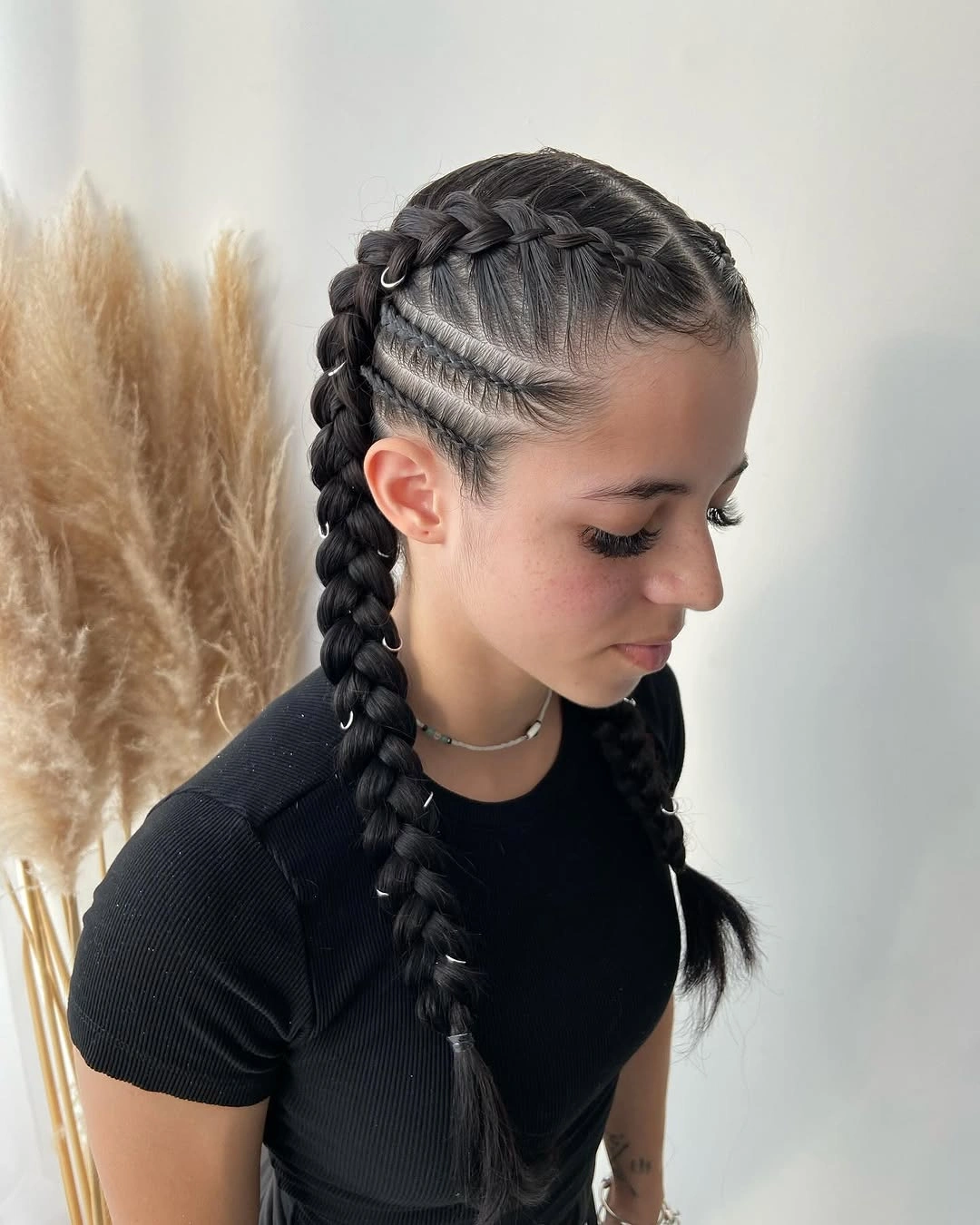 trendy feed in braid hairstyles Classic Double Braids With Minimalist Silver Accents