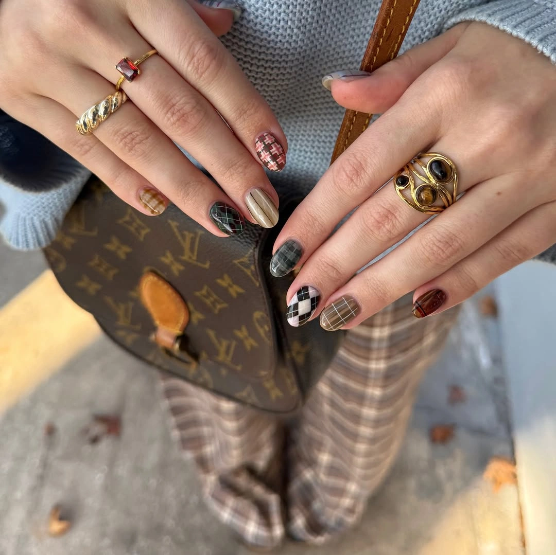 trendy september nails color 2026 Cozy Plaid Nails in Rich September Neutrals