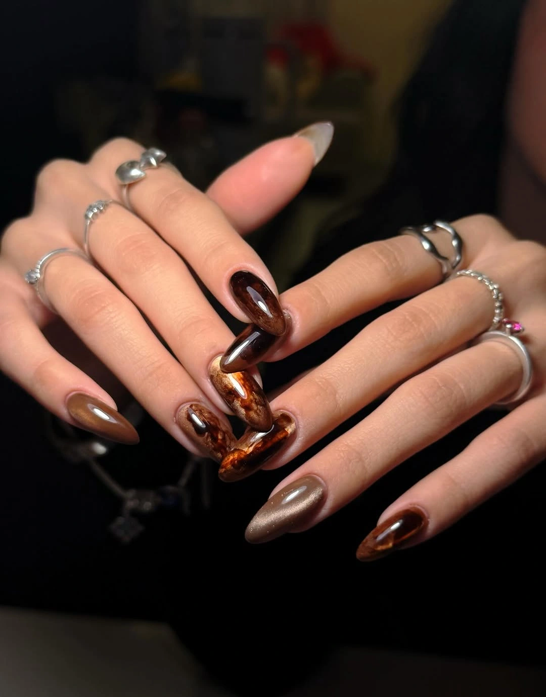 trendy september nails color 2026 Amber Marble Nails With Espresso Tones