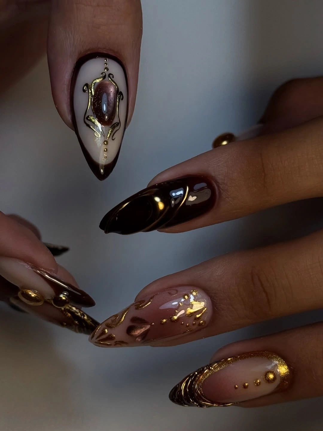 trendy september nails color 2026 Espresso Nails with Antique Gold Details