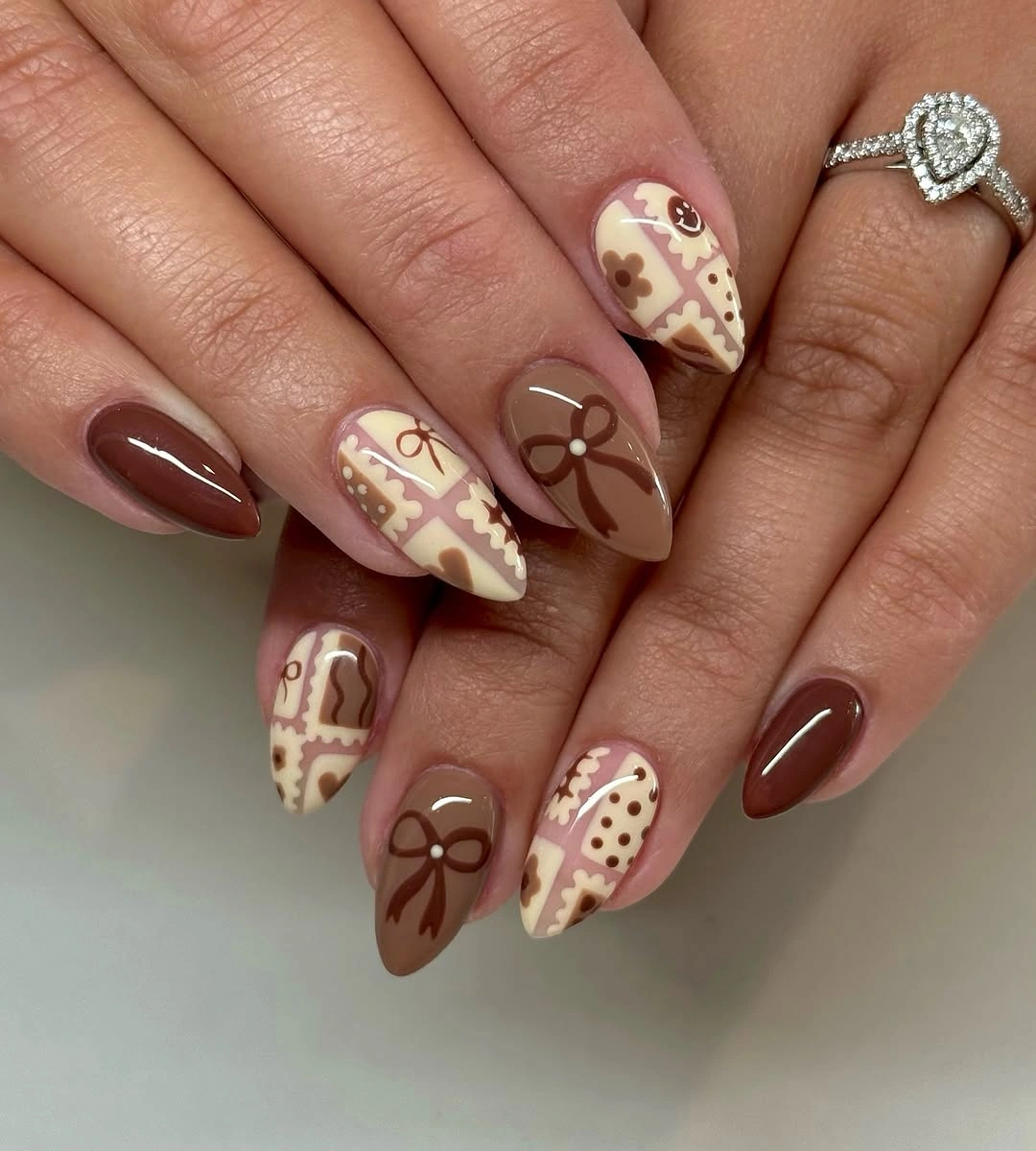 trendy september nails color 2026 Soft Chocolate Patchwork Nails with Sweet Vintage Charm