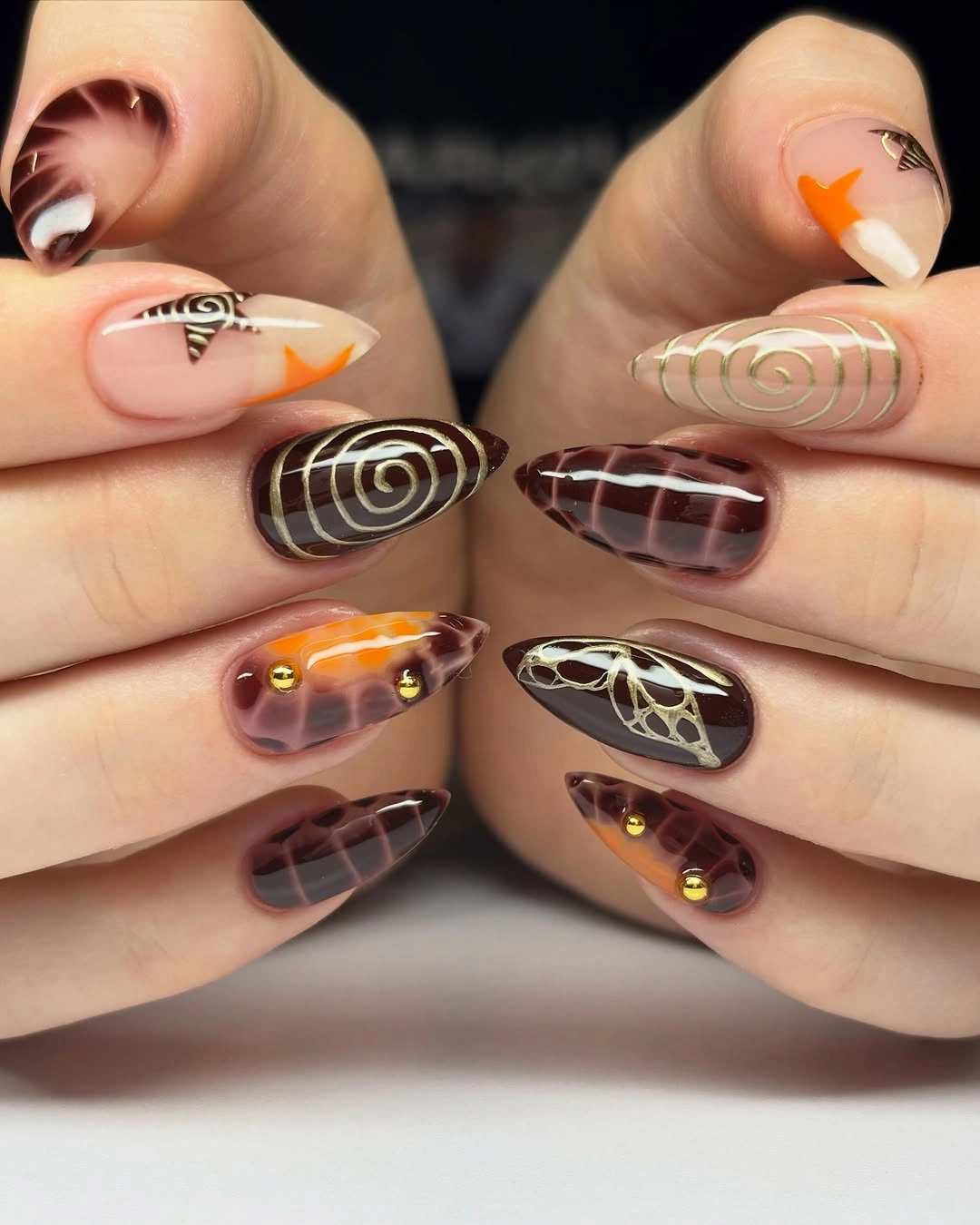 trendy september nails color 2026 Espresso Marble Nails with Modern Gold Accents