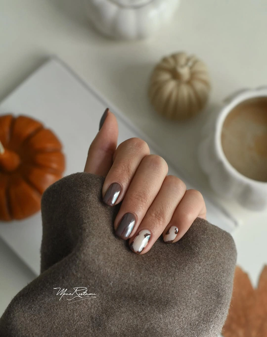 trendy september nails color 2026 Glossy Mocha Nails With Minimal Cow Print