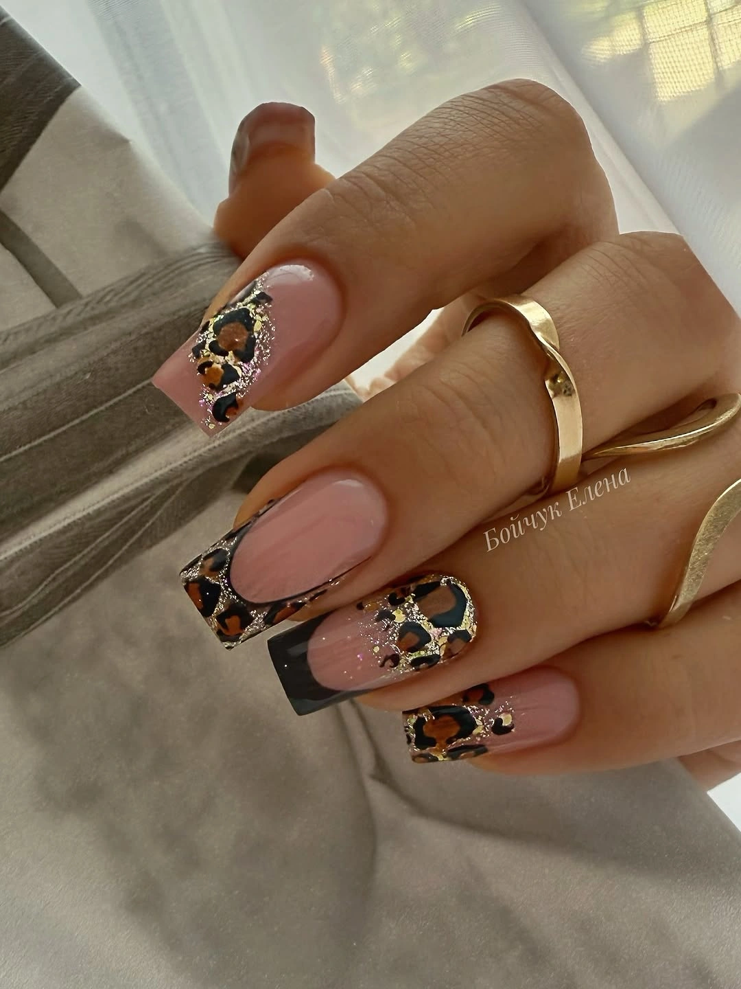 beautiful early fall nails 2026 Leopard accents with gold foil