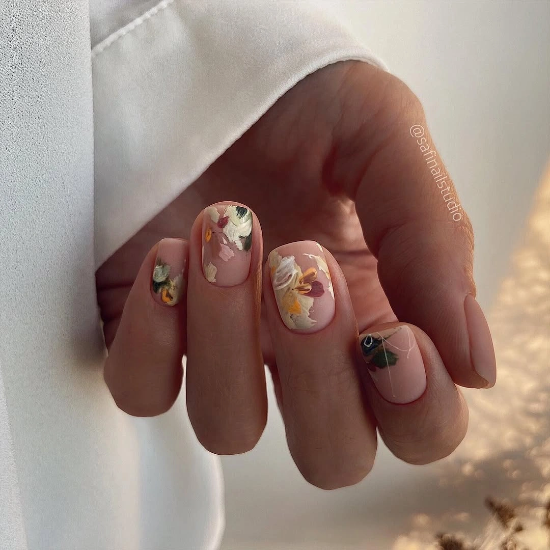 beautiful early fall nails 2026 Pressed flower details on a bare pink base