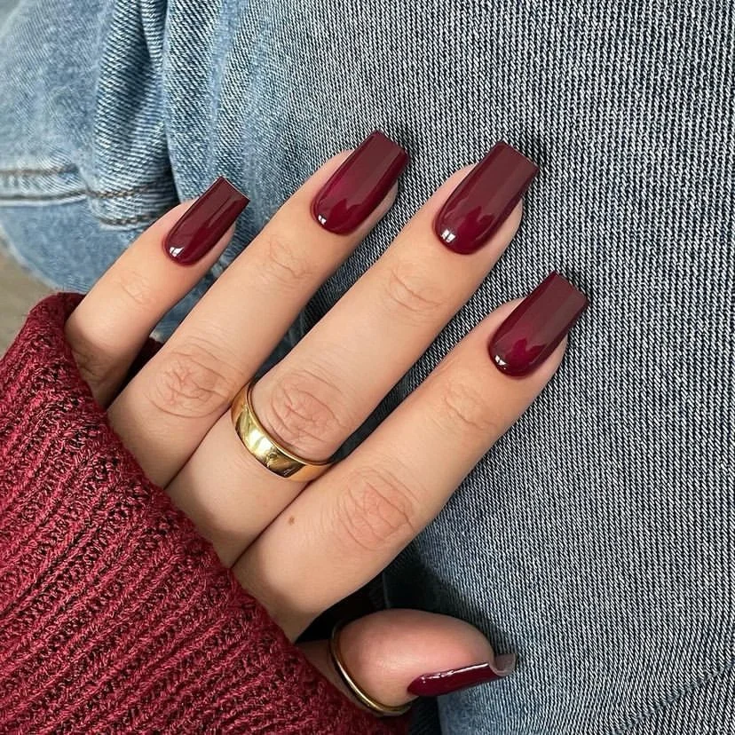 beautiful early fall nails 2026 Rich burgundy square nails