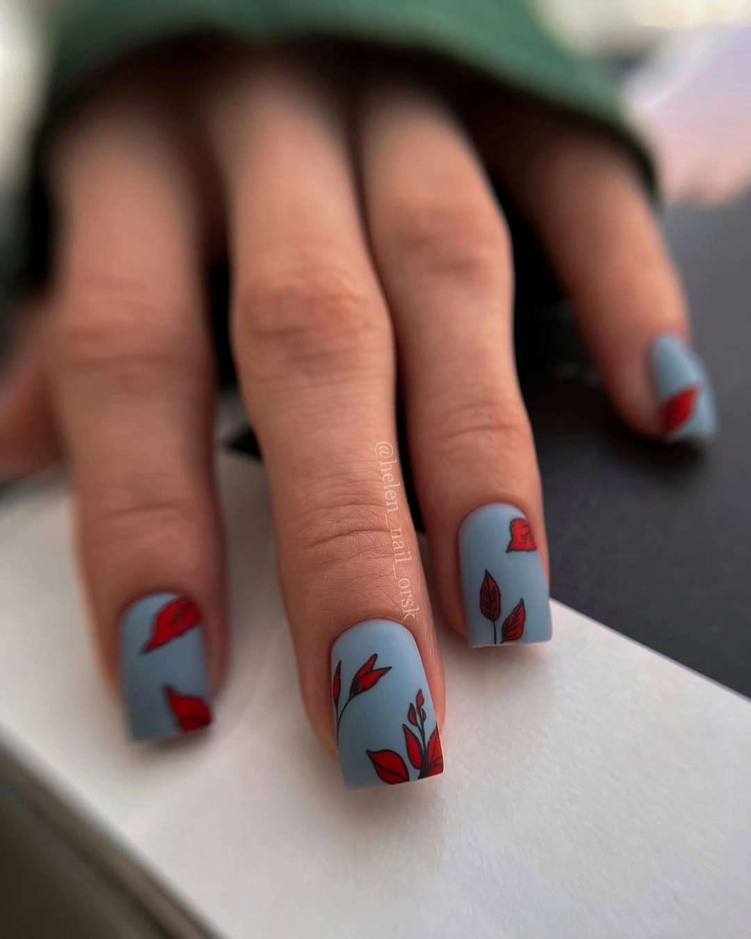 beautiful early fall nails 2026 powder blue nails with red floral details