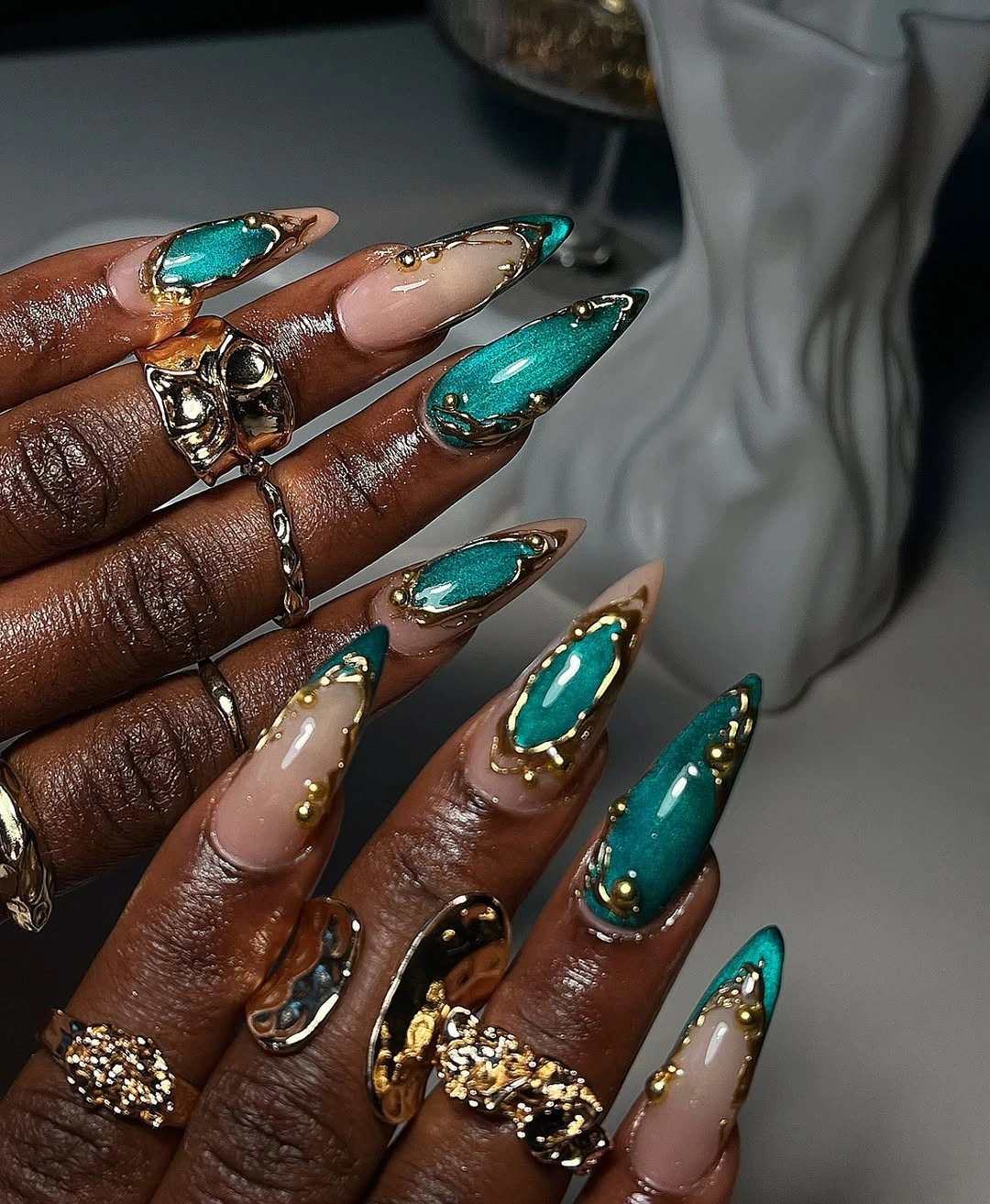 beautiful fall long nails 2026 teal gold almond nails