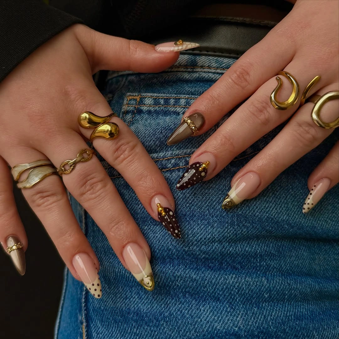 beautiful fall long nails 2026 chocolate gold almond nails