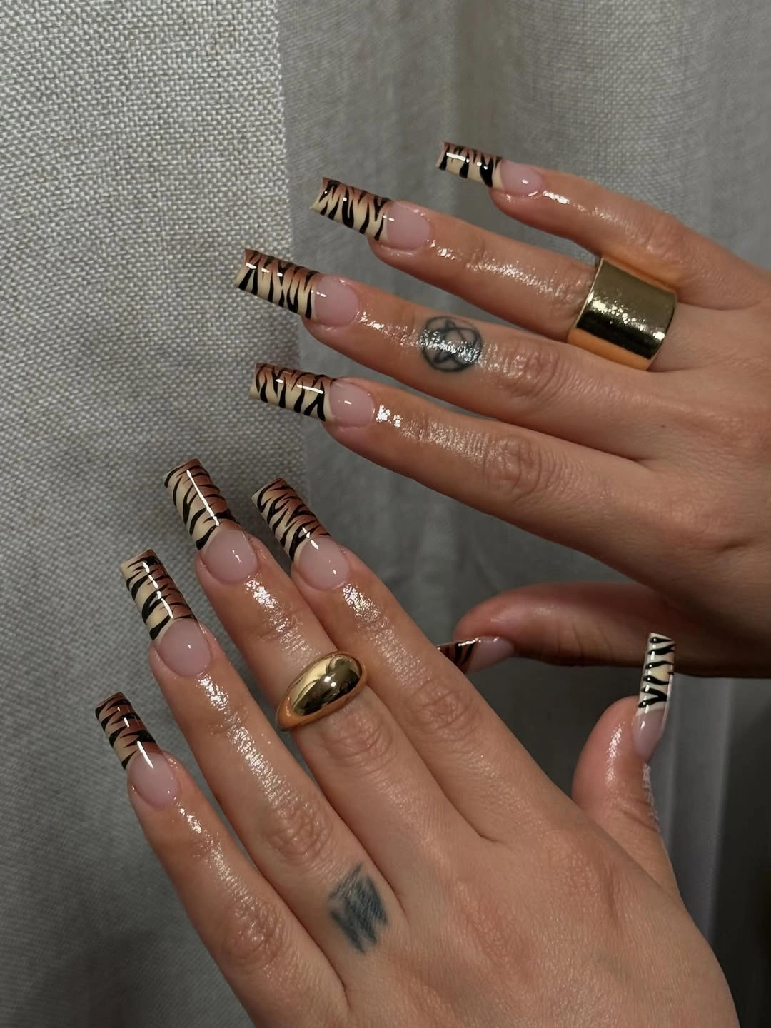 beautiful fall long nails 2026 black tiger stripe French nails