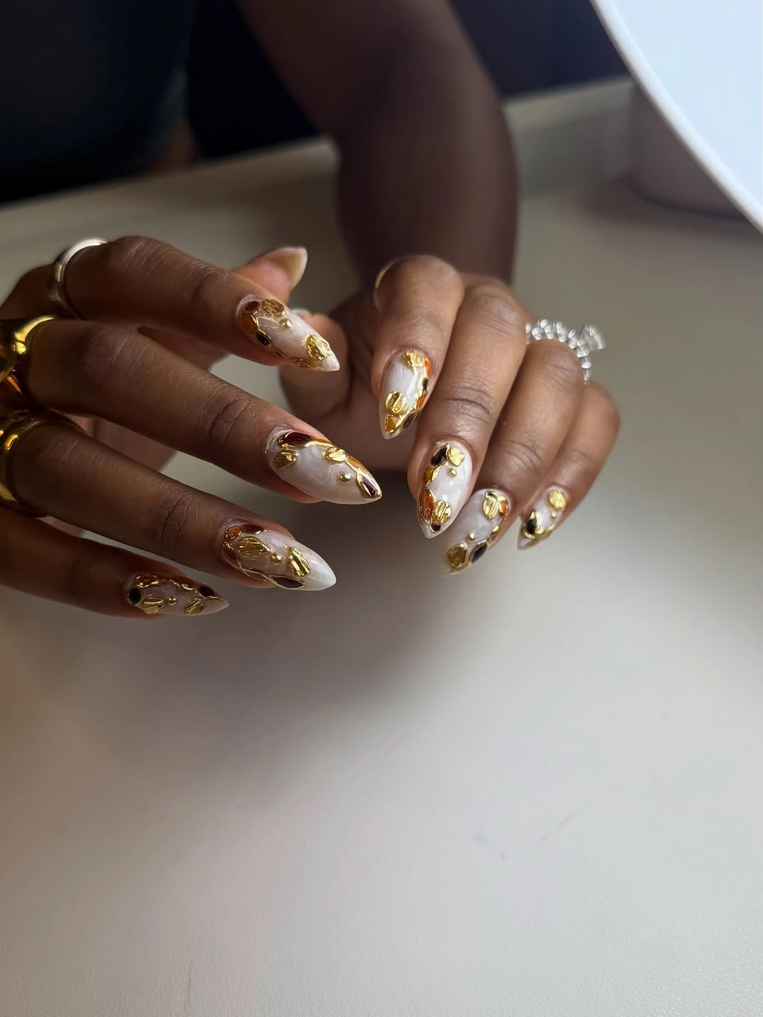 beautiful fall long nails 2026 milky white gold almond nails