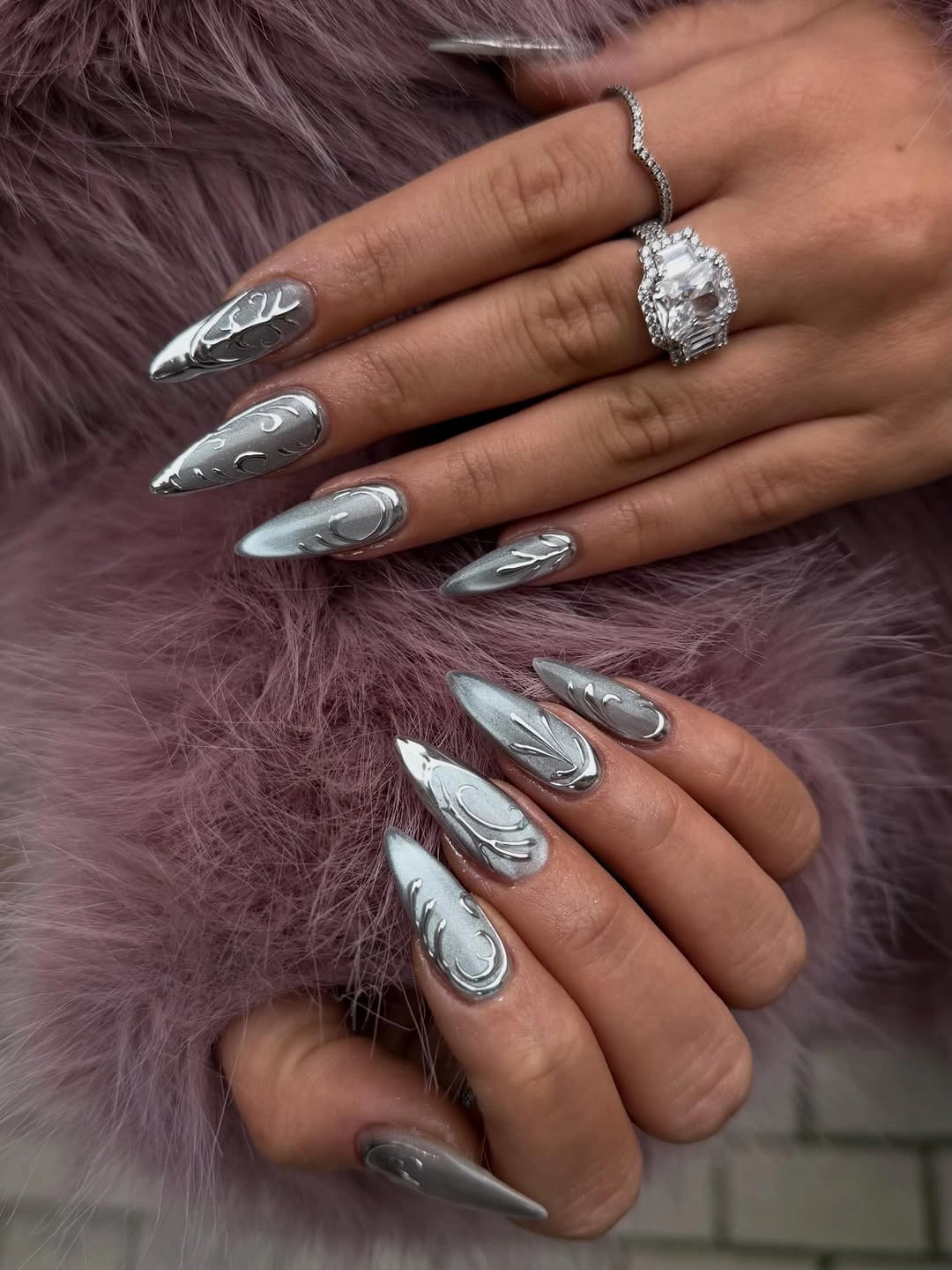 beautiful fall long nails 2026 silver chrome sculptural almond nails
