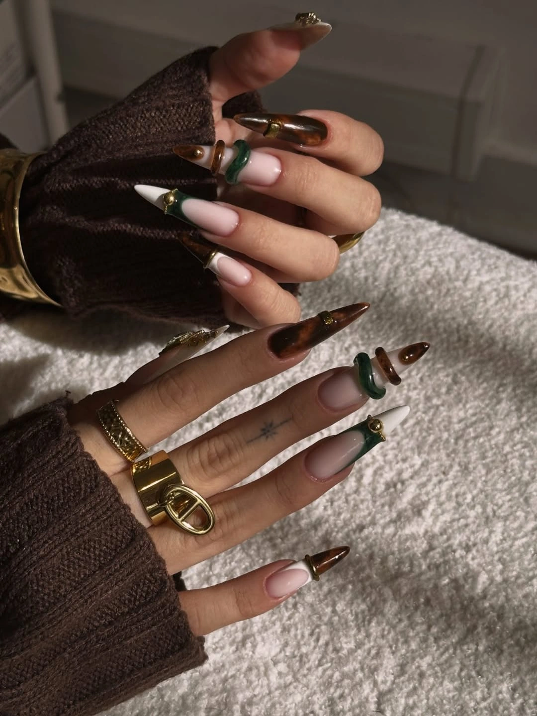 beautiful fall long nails 2026 chocolate brown green nails