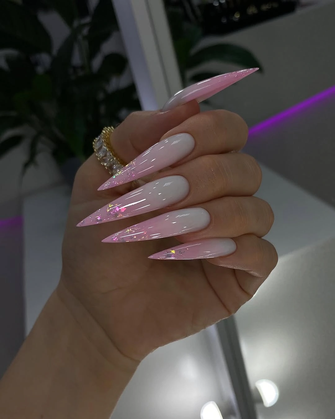 beautiful fall long nails 2026 milky pink stiletto glitter nails