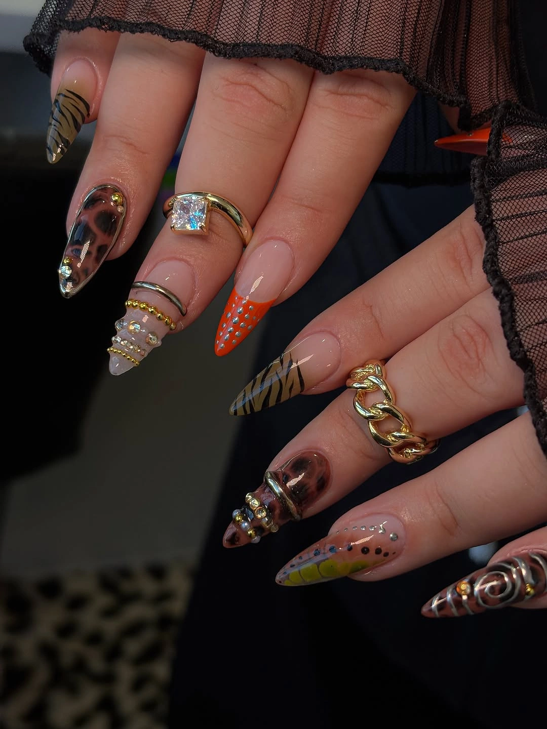 beautiful fall long nails 2026 mixed texture tiger stripe nails