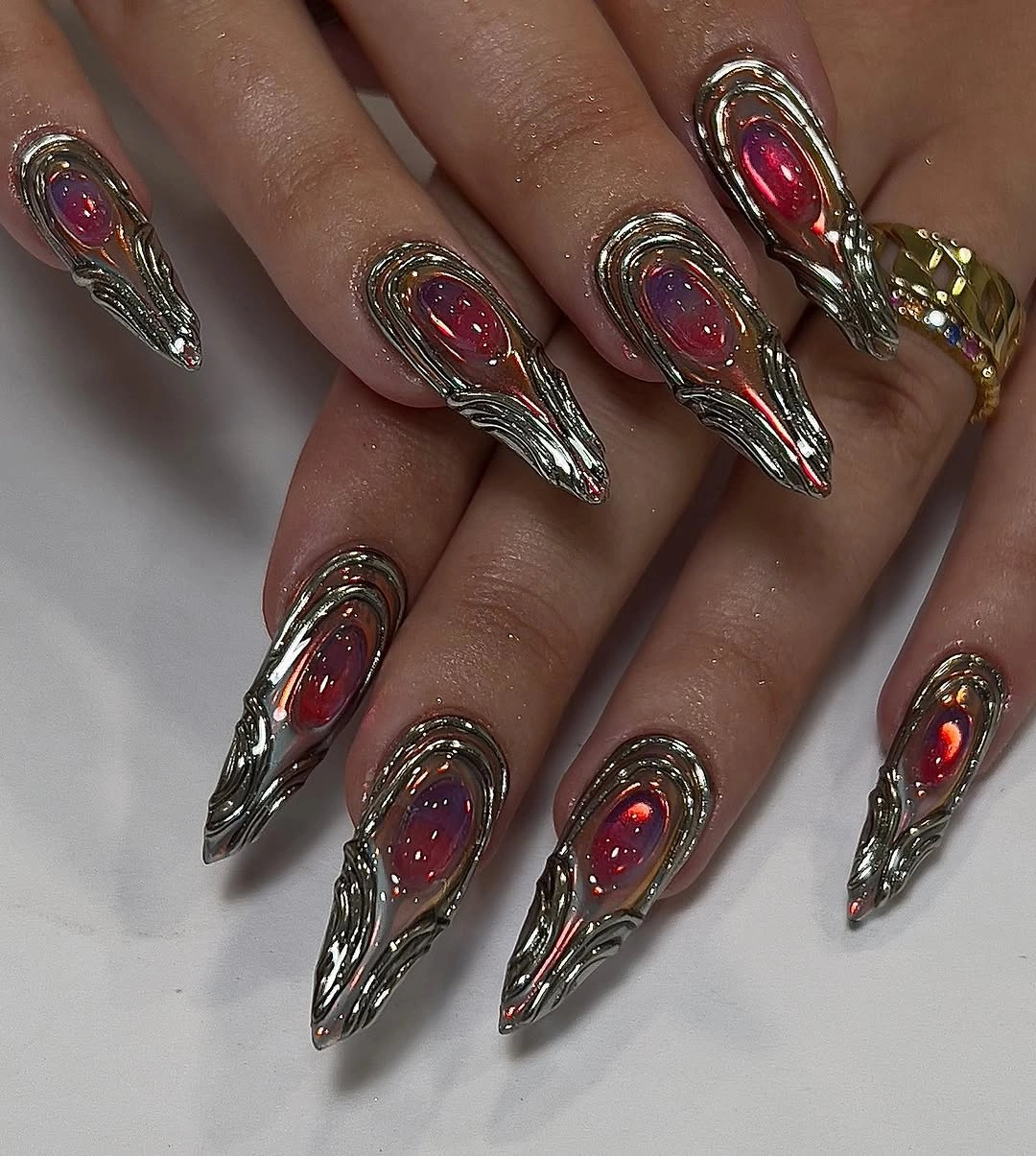 beautiful fall long nails 2026 berry chrome ornate nails