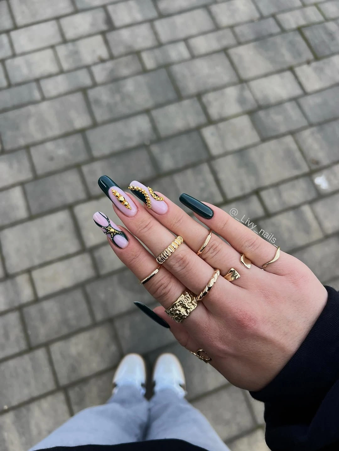 beautiful fall long nails 2026 black blush pink gold nails
