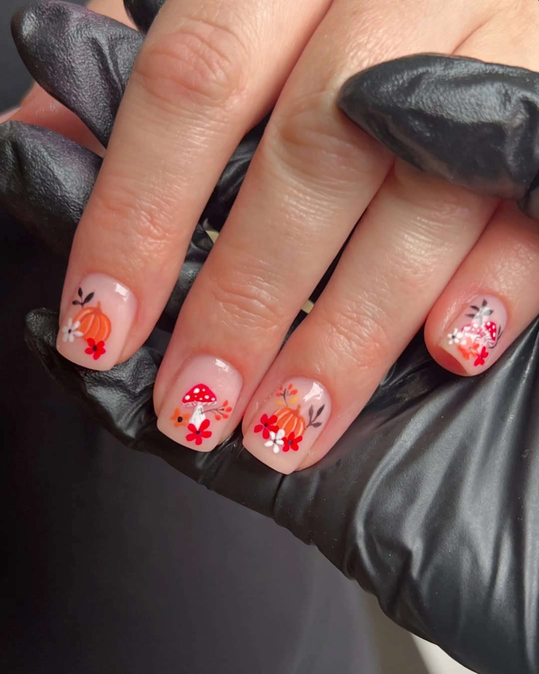 beautiful fall manicure ideas 2026 Cute Pumpkin and Mushroom Short Nails