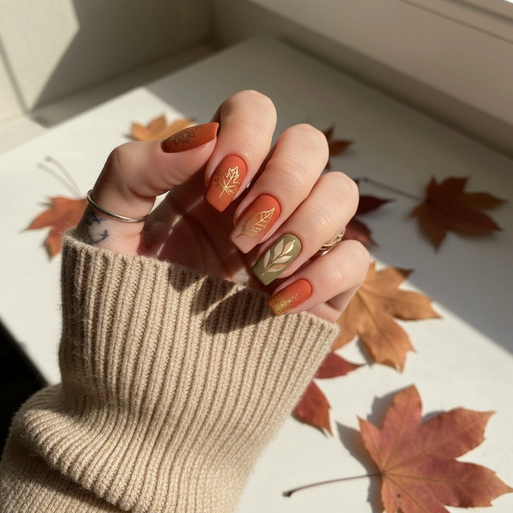 beautiful fall manicure ideas 2026 Elegant Matte Autumn Leaves in Cozy Earth Tones