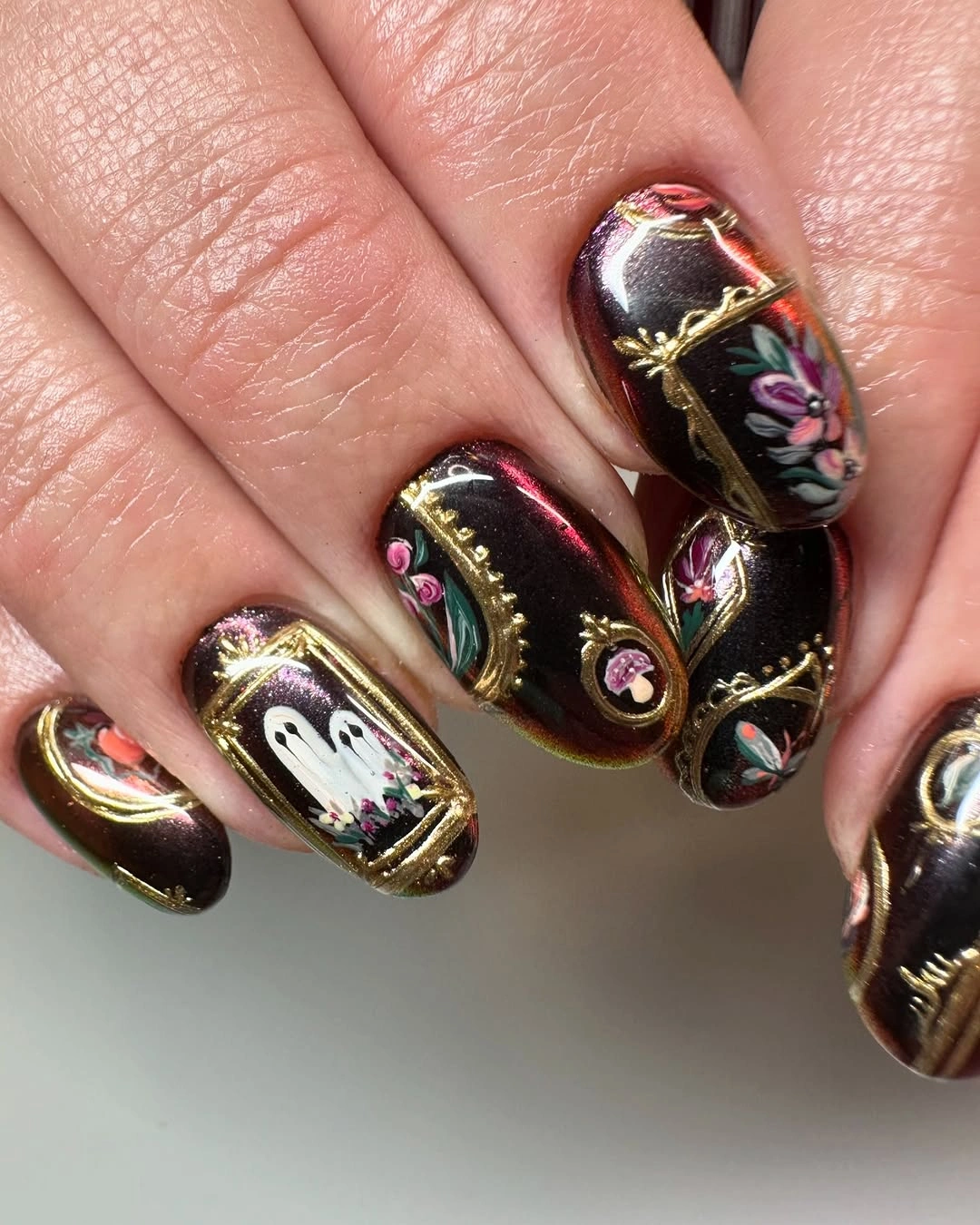 beautiful fall manicure ideas 2026 Vintage Dark Nails with Golden Botanical Details