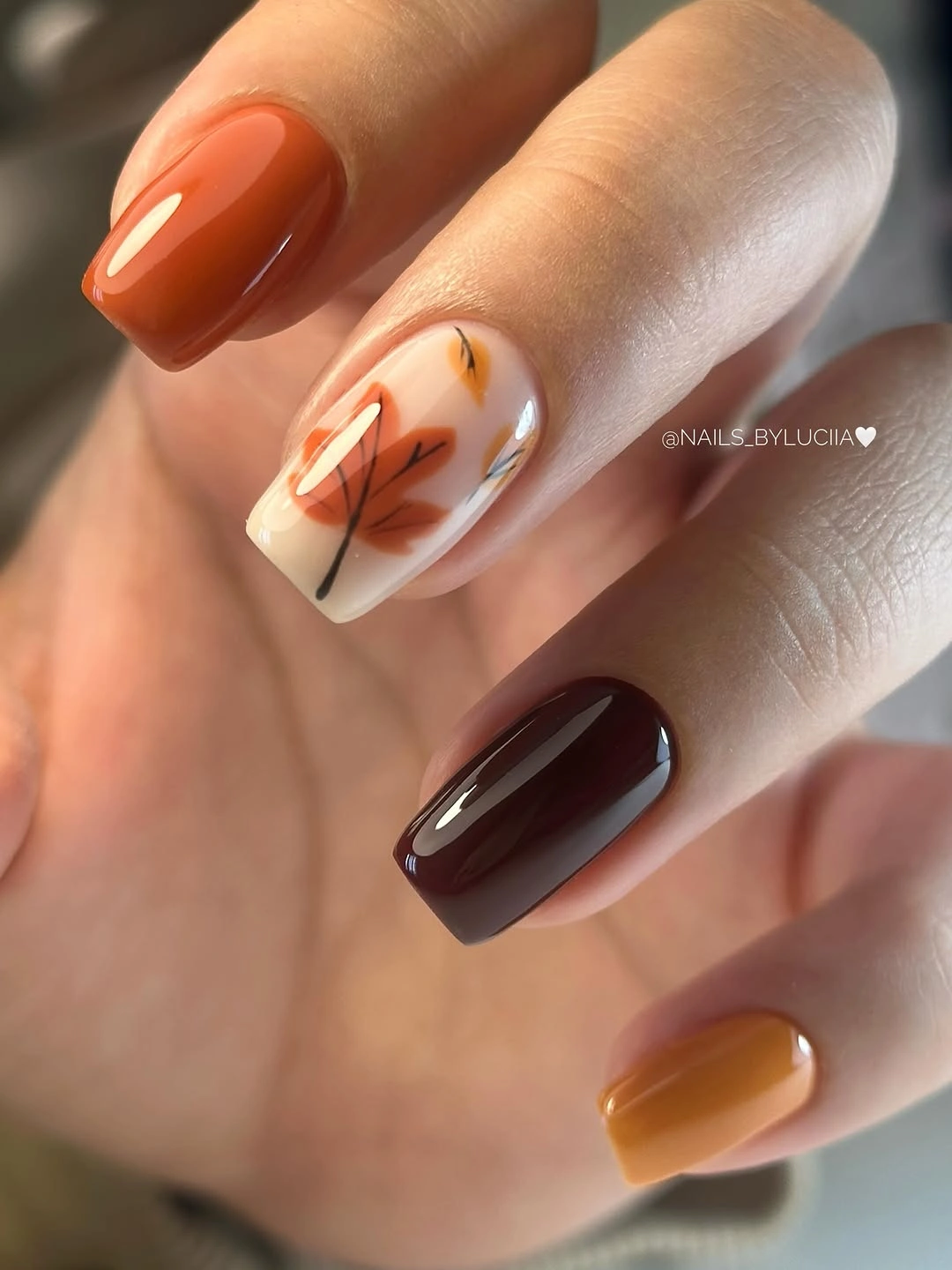 beautiful fall manicure ideas 2026 Simple Autumn Leaves on Short Square Nails