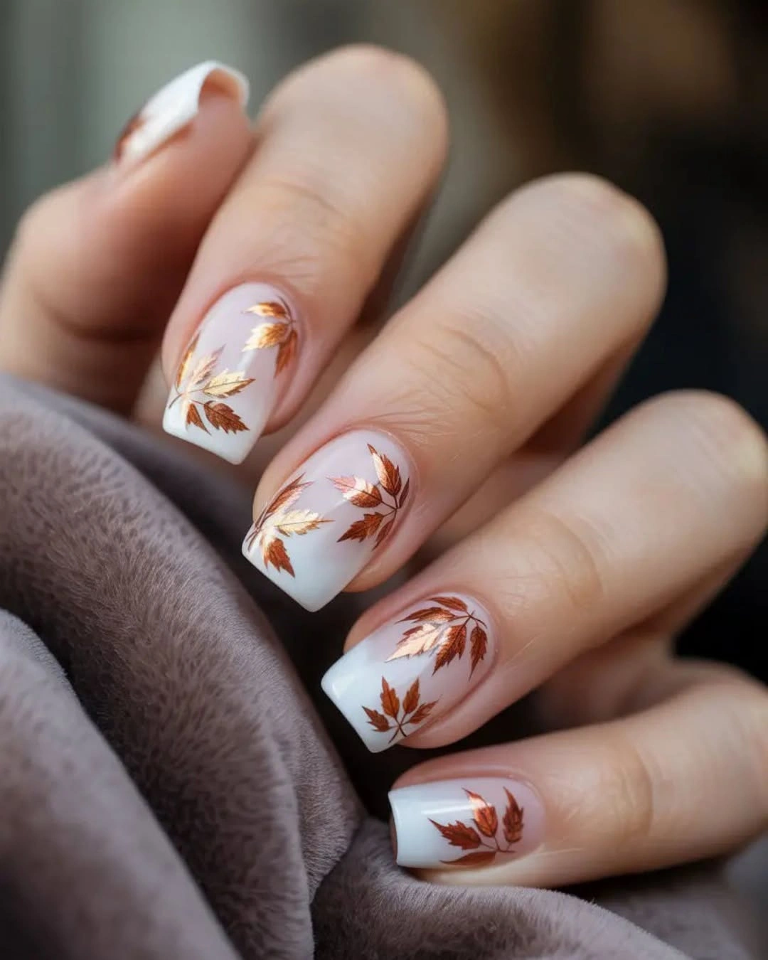 beautiful fall manicure ideas 2026 Copper Foil Leaves on Soft Milky Nails