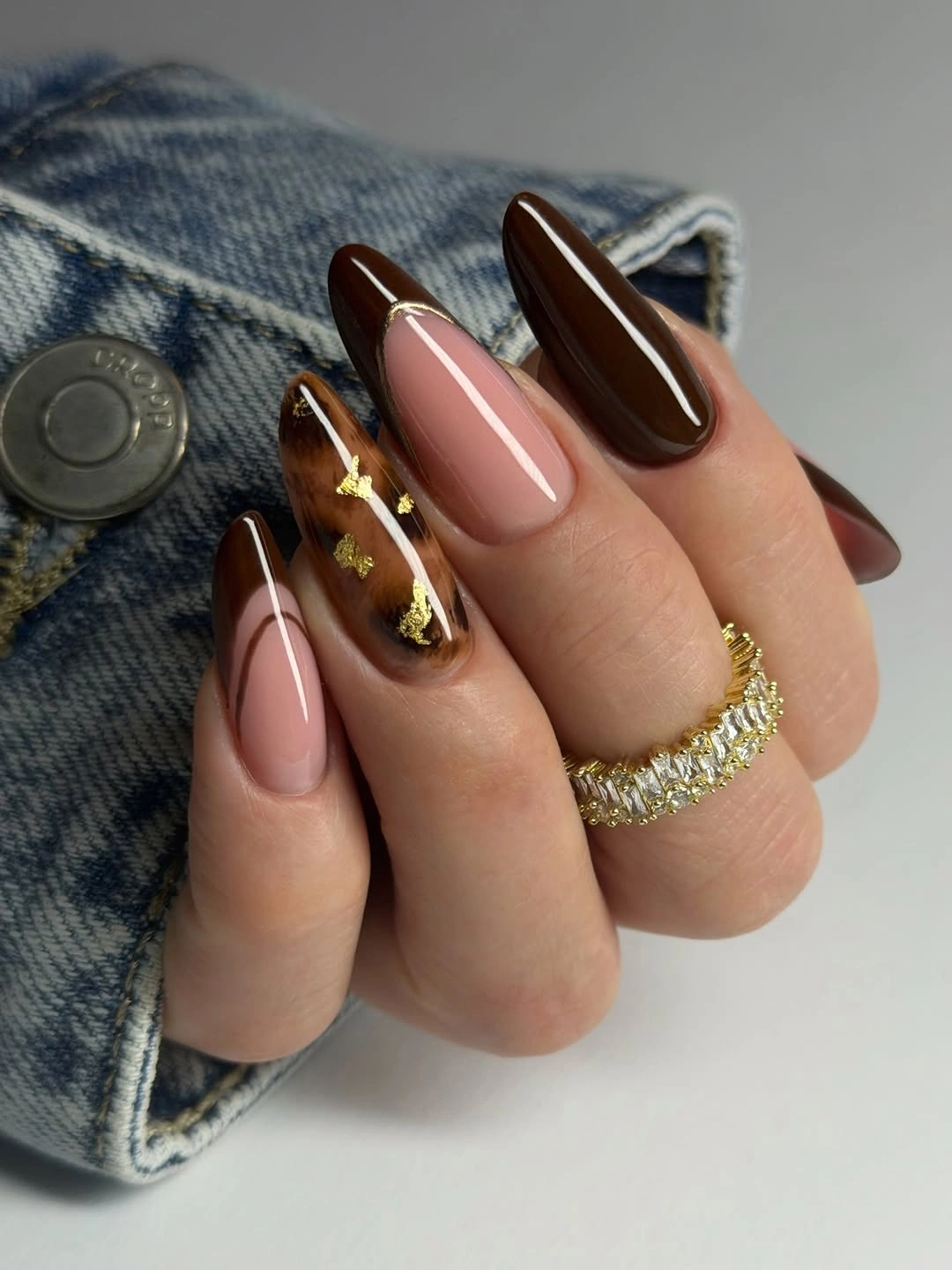 beautiful fall manicure ideas 2026 Chocolate Brown Almond Nails with Luxe Gold Accents
