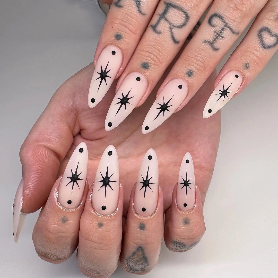 beautiful fall matte nails 2026 Black Starburst Matte Nails
