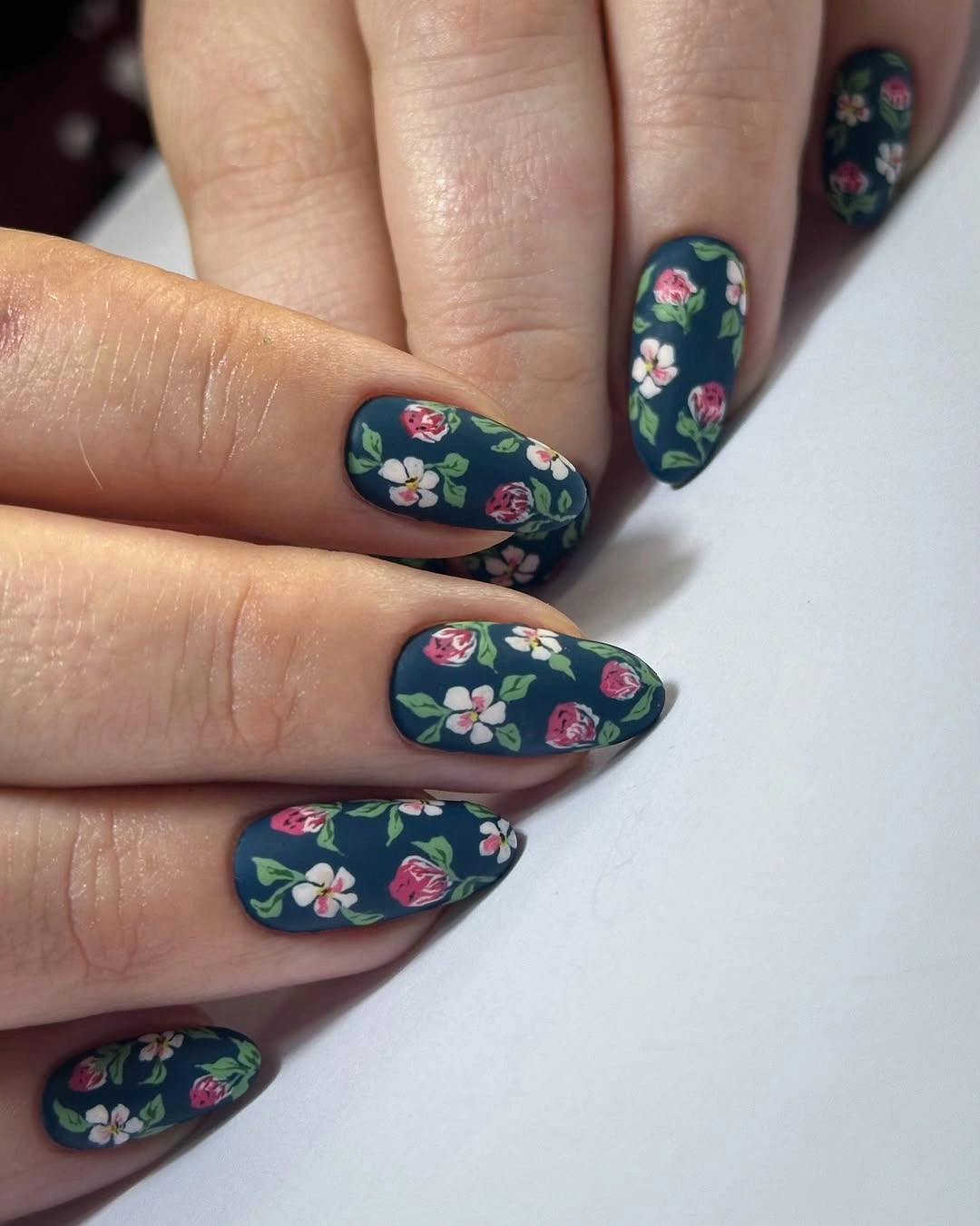beautiful fall matte nails 2026 Floral Navy Matte Almond Nails