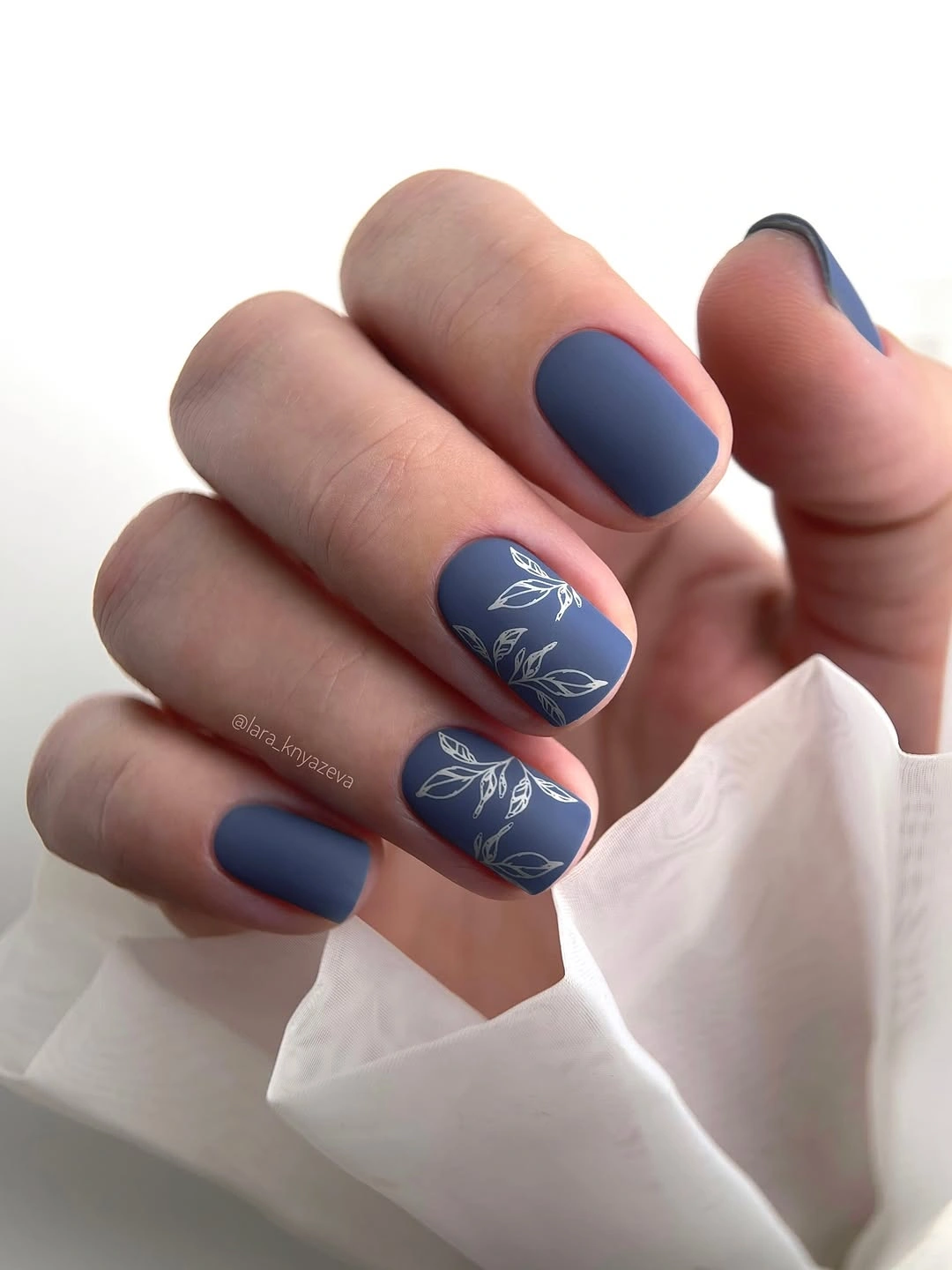 beautiful fall matte nails 2026 Slate Blue Matte Nails With Botanical Details