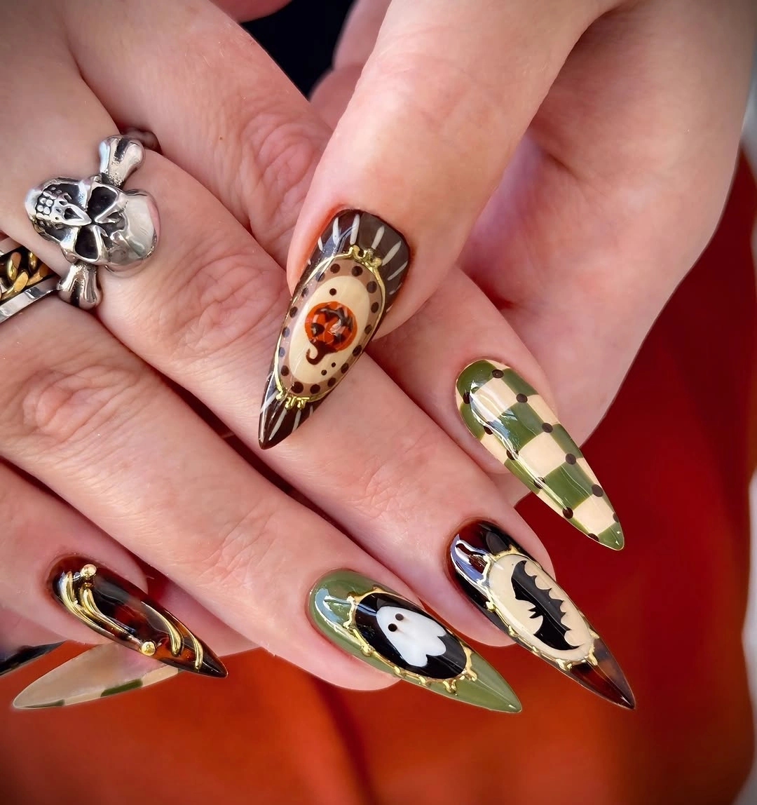 beautiful fall nail art ideas 2026 Retro Olive and Pumpkin Fall Nails