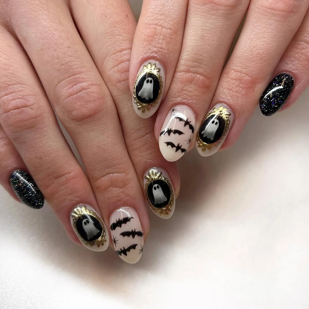 beautiful fall nail art ideas 2026 Ghost Portrait Halloween Nails