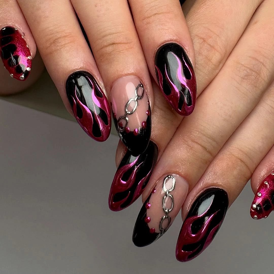 beautiful fall nail art ideas 2026 Black and Burgundy Chrome Nails
