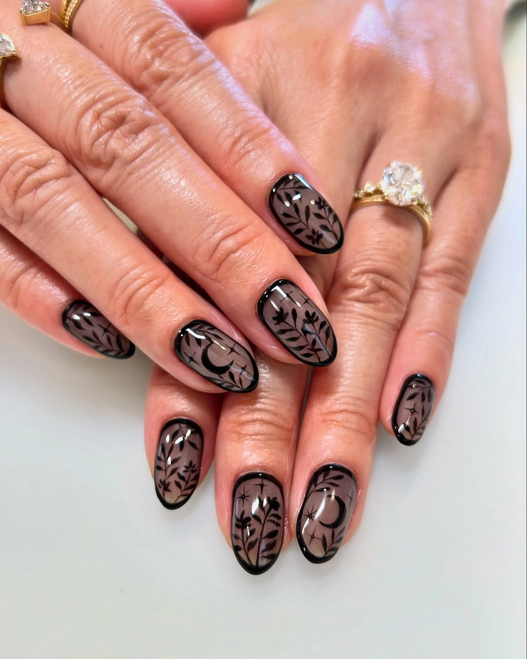 beautiful fall nail art ideas 2026 Smoky Floral Nails With a Gothic Finish