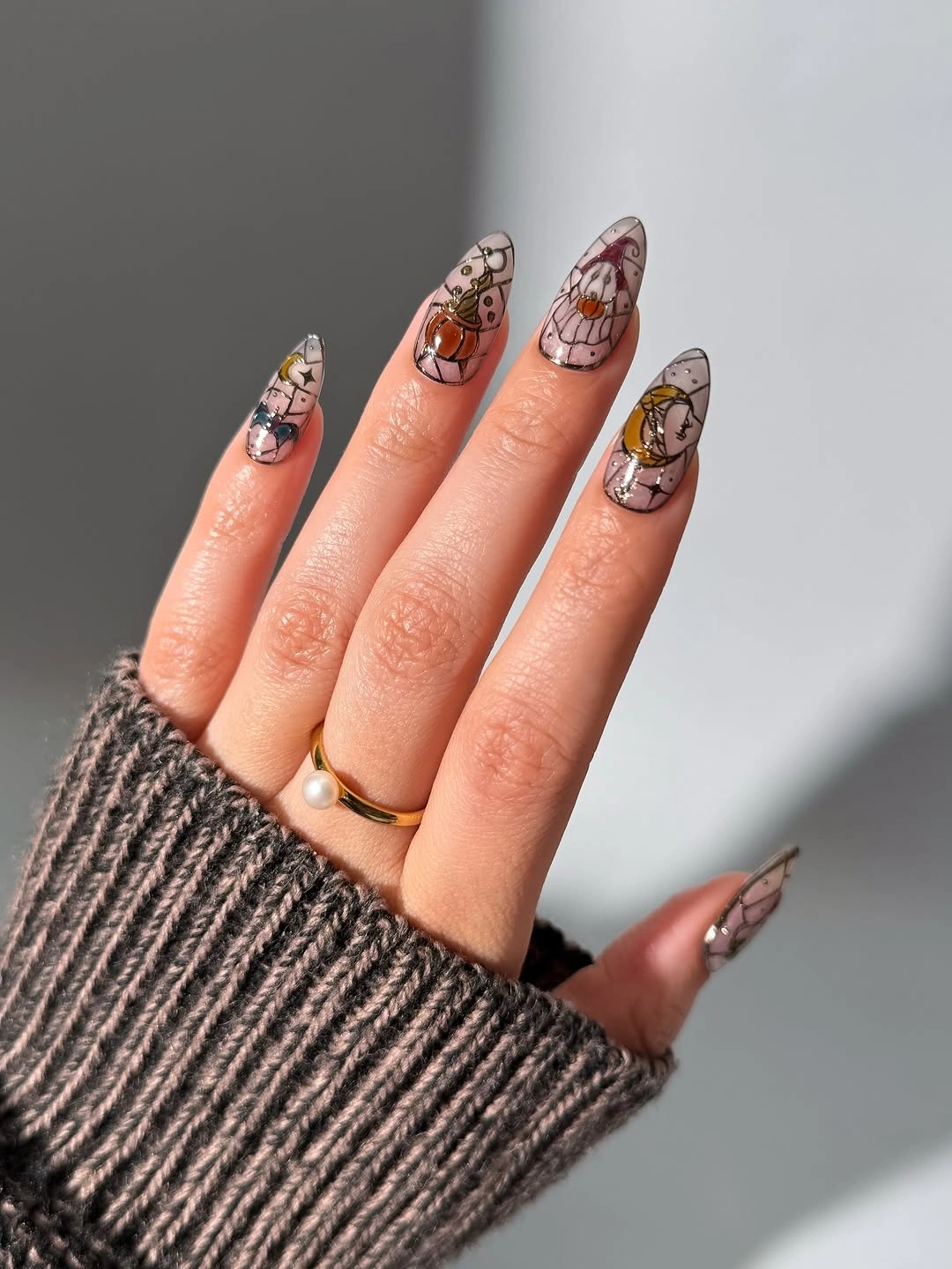 beautiful fall nail art ideas 2026 Sheer Stained Glass Nails With Celestial Details